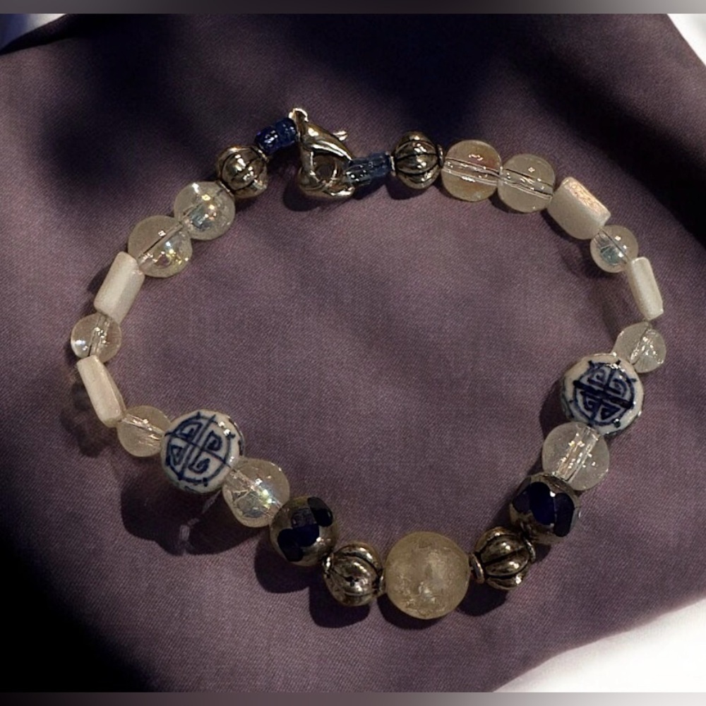 Elegant glass beaded Silver and Blue Bracelet handcrafted